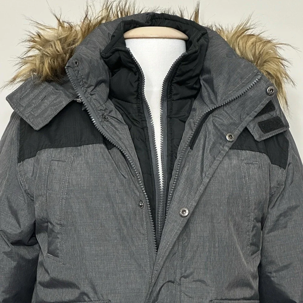 English Laundry Womens Jacket L Charcoal Gray Puffer Hooded Faux Fur Parka READ